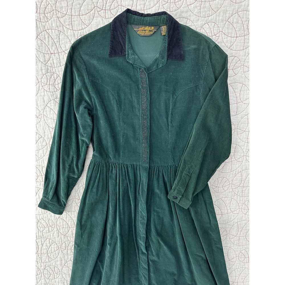 VTG Eddie Bauer Corduroy Dress Green Embroidered Button Front / Women's XS P - Picture 2 of 10